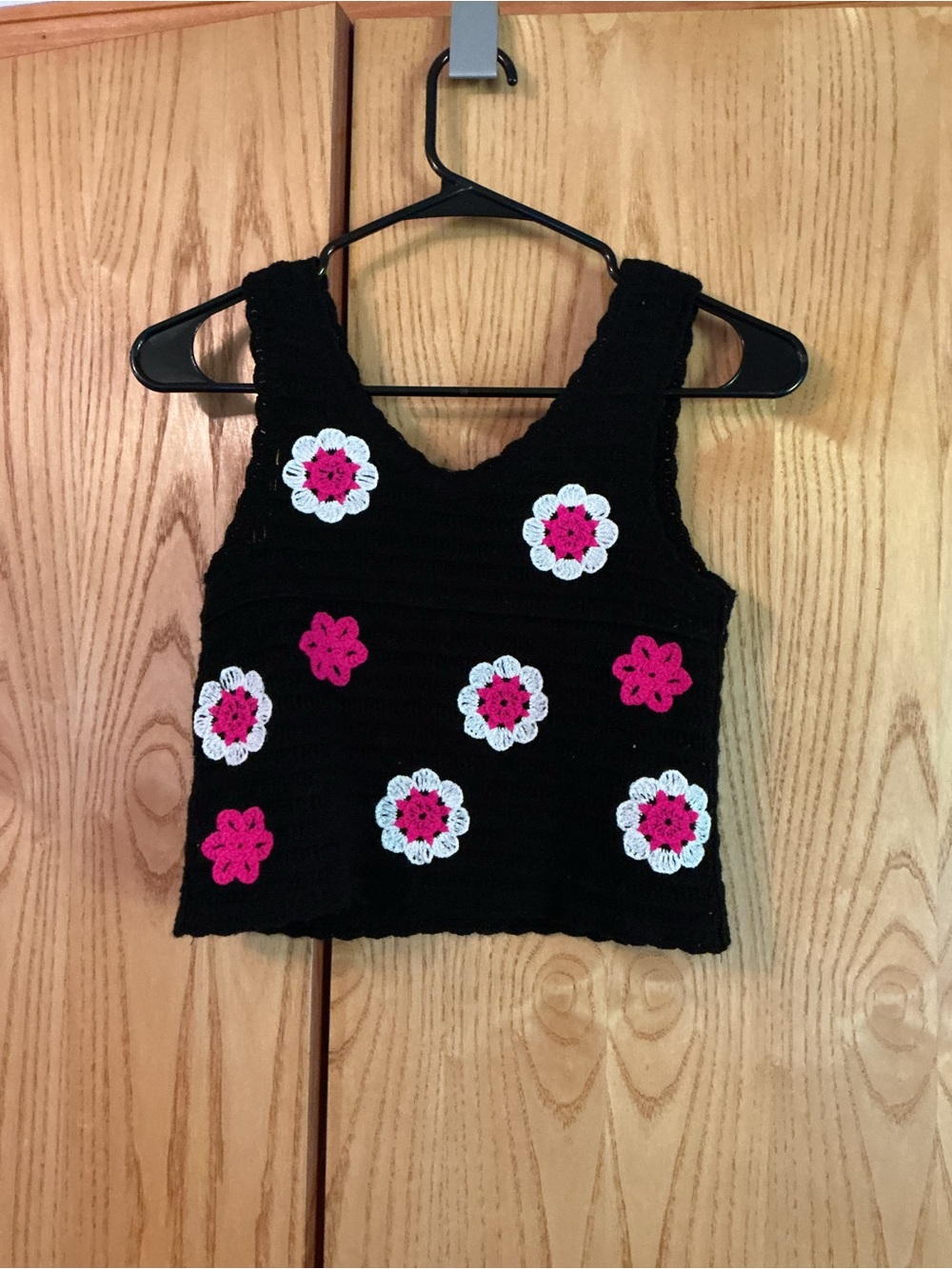 Xtraordinary Black Crochet Crop Top with Pink & White Floral Motifs